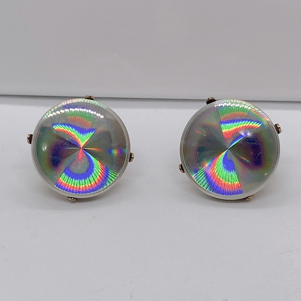 Vtg 60s Mod Diffraction Iridescent Rainbow Disc Screw Back Clip On Earrings .8”